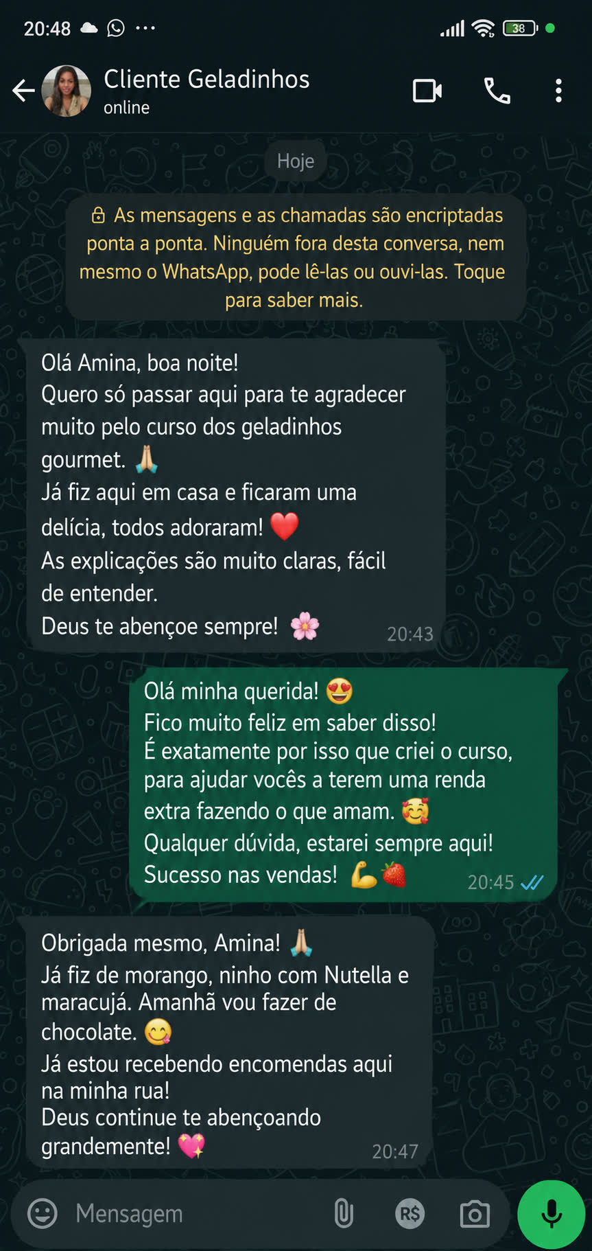 Mensagem real de aluna no WhatsApp