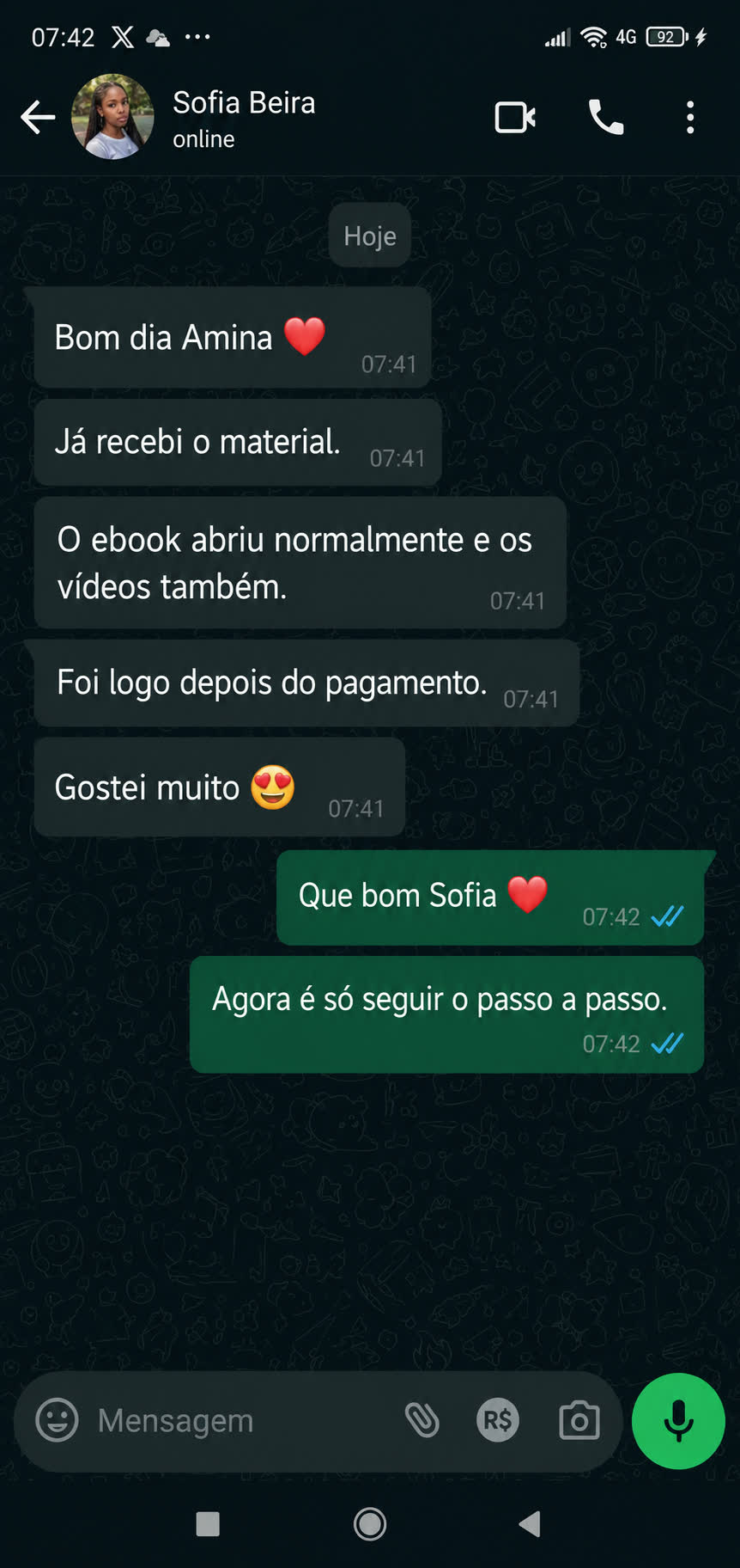 Mensagem real de aluna no WhatsApp