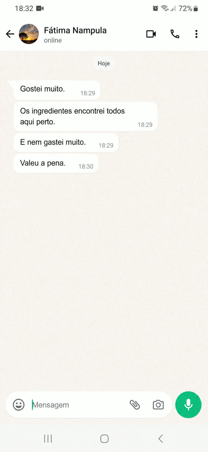 Mensagem real de aluna no WhatsApp
