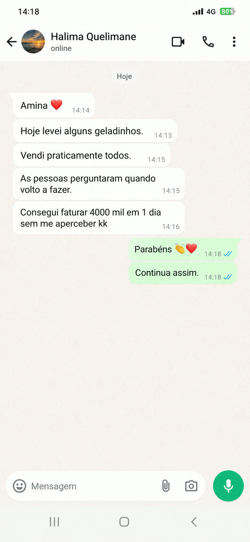 Mensagem real de aluna no WhatsApp